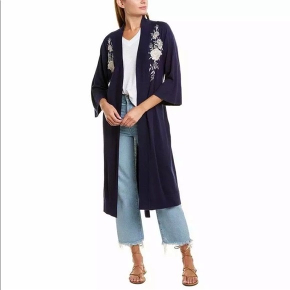 ✨ NWT✨ JOHNNY WAS Floral Embroidered Silk Blend Knit Kimono in Navy Sz XS - Picture 1 of 4